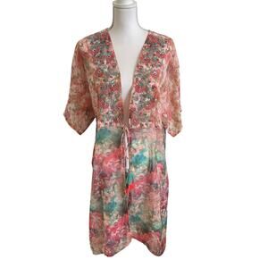 Soft Surroundings Primavera Topper Kimono Coverup Floral Pink Multi Fringe Beads